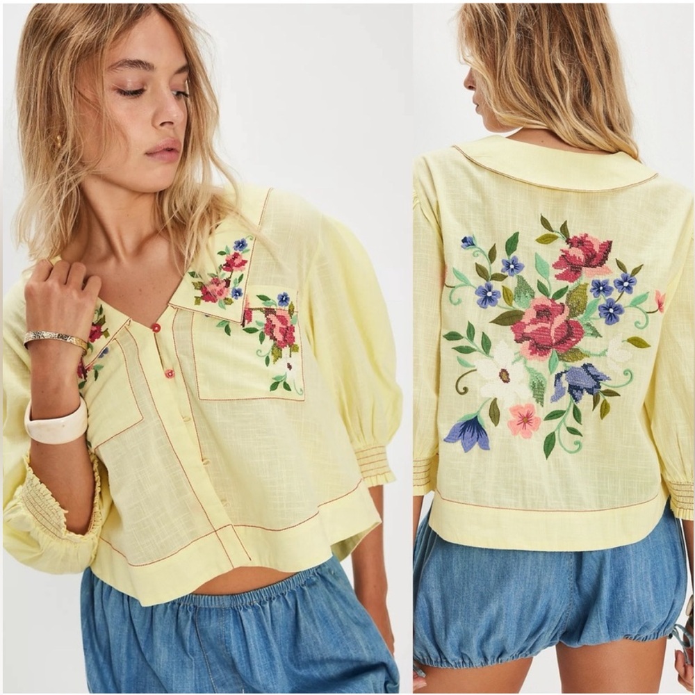Free People Ryland Blouse in Summer Lemonade, Beautiful Embroidery, NWT - Picture 2 of 15